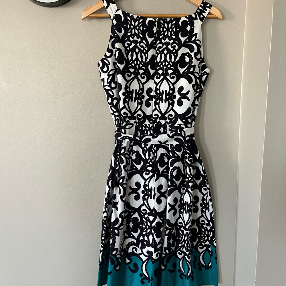 Elegant Navy, Teal and White Patterned Dress